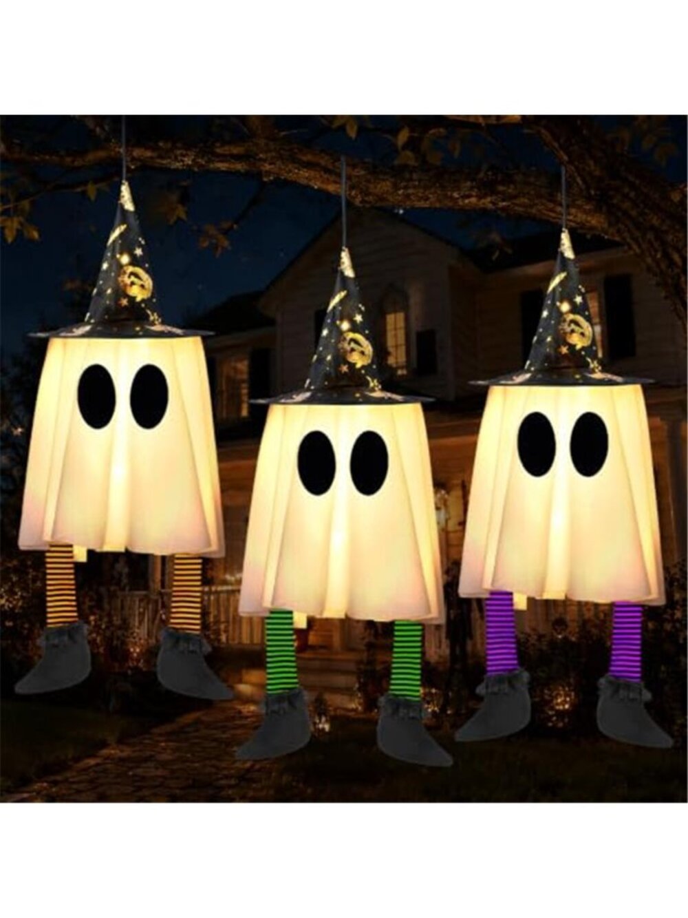 23.6'' 3Pcs Halloween Hanging Ghosts Decorations Outdoor Warm Light Up